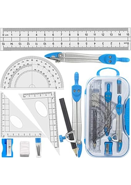 Mavi Stil Geometri Pusula Seti Taşıma Çantasında Öğrenci Matematik ve Mühendislik Için Matematik Açıölçer Seti Cetveller (Yurt Dışından)