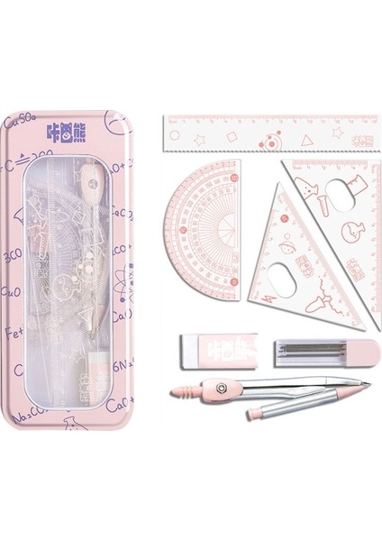 5AC605779-PK Stili Cetvelli Matematik Geometri Seti Iletki Pusula Silgi Yedekleri ve Metal Kutu Taslak ve Çizim Için Okul Malzemeleri (Yurt Dışından)