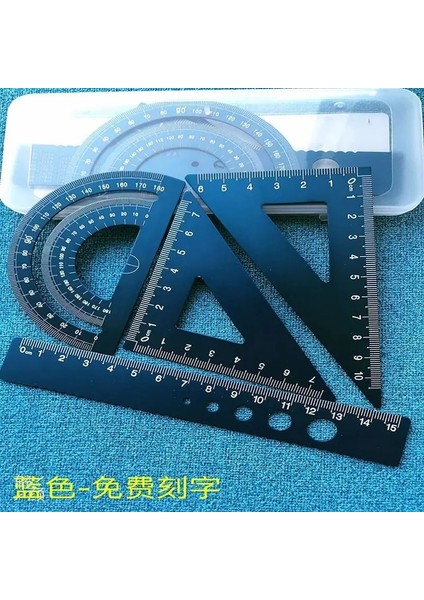 BLUE4PIECESET Stili Cetvel Ilköğretim Okulu Öğrencisi Metal Oyma Isim Seti, Dört Parçalı Set, Düz Cetvel, Yuvarlak Ölçer, Kaybı Önleyici Alüminyum Alaşımlı Hızlı (Yurt Dışından)