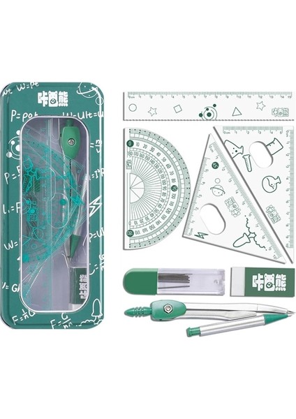 5AC605779-GN Stili Cetvelli Matematik Geometri Seti Iletki Pusula Silgi Yedekleri ve Metal Kutu Taslak ve Çizim Için Okul Malzemeleri (Yurt Dışından)