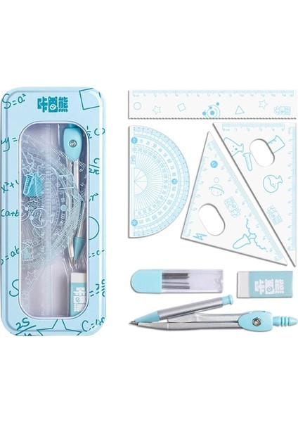 5AC605779-BL Tarzı Cetvelli Matematik Geometri Seti Iletki Pusula Silgi Yedekleri ve Metal Kutu Taslak ve Çizim Için Okul Malzemeleri (Yurt Dışından)