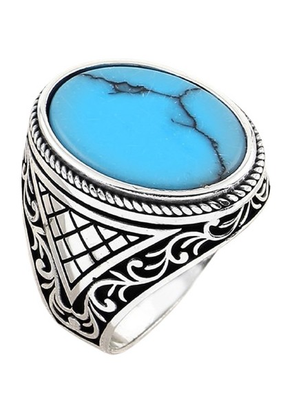 Erkek Yüzük Gümüş 925 Otantik Motifli Oval Taşlı