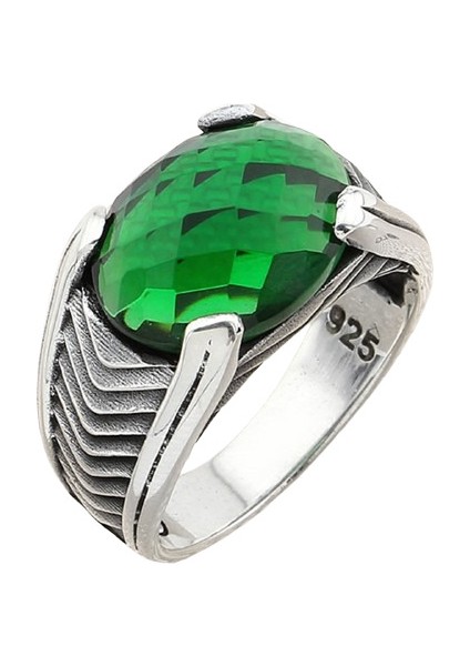 Erkek Yüzük Gümüş 925 Katkat Desenli Oval Taşlı