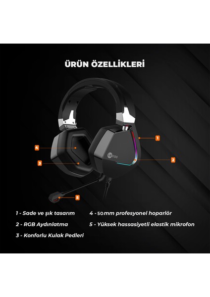 HT402 USB Kablolu Surround 7.1 RGB LED Aydınlatmalı Çıkartılabilir Mikrofonlu Kulak Üstü Gaming Kulaklık Siyah