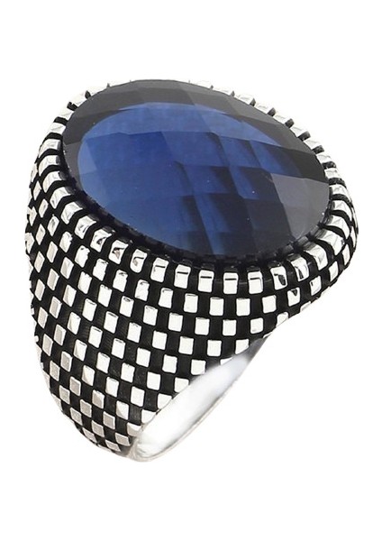 Erkek Yüzük Gümüş 925 Dama Desenli Oval Taşlı