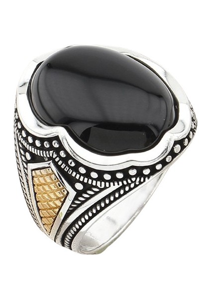 Erkek Yüzük Gümüş 925 Otantik ve Bronzlu Oval Taşlı