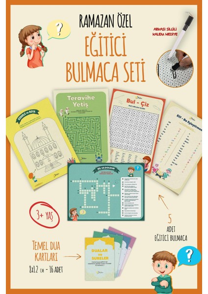 Ramazan Ayı Bulmaca Seti 16 Adet Dua Kartı, 5 Farklı Eğitici Bulmaca, Yaz Sil Tahta Kalemi Hediyeli