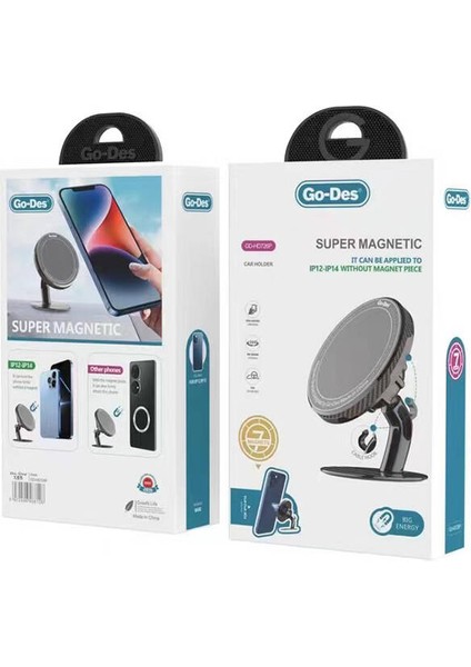 Süper Magnetik Araç Telefon Tutucu Go Des GD-HD726P 360 Derece Yuvarlak Oynar Başlıklı Siyah