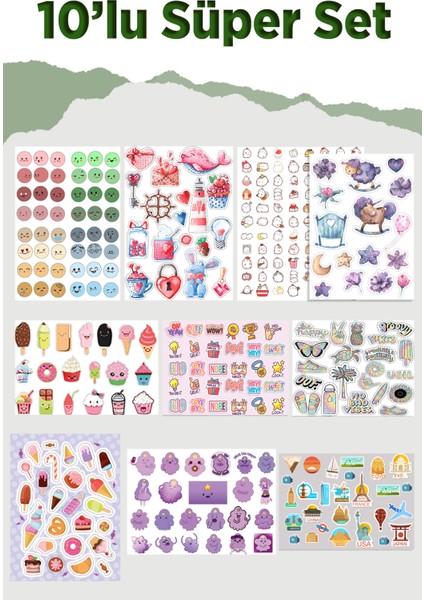 10 Sayfa Sevimli Sticker Seti -Planner Ajanda Bullet Journal Için Uygun Set