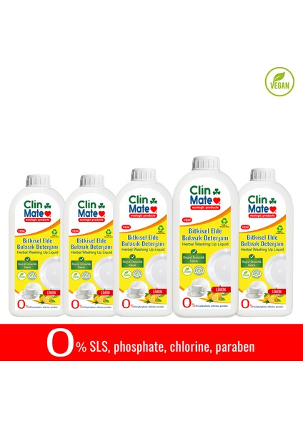 5'li Set Yeni Clinmate Ekolojik Bitkisel Elde Bulaşık Deterjanı Limon 750 ml