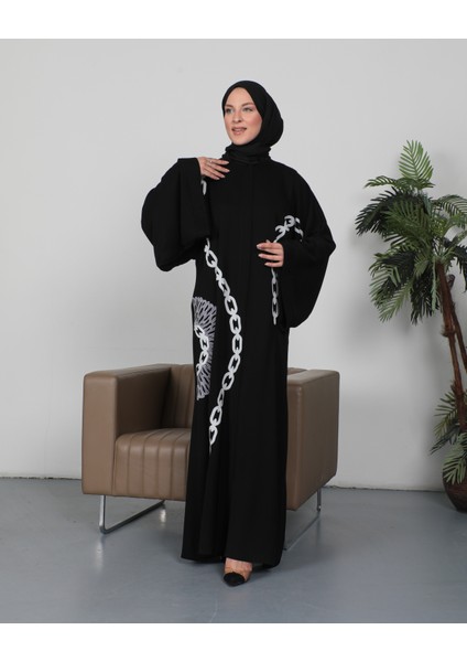 Zincir Nakışlı Dubai Ipeği Siyah Abaya - Kimono