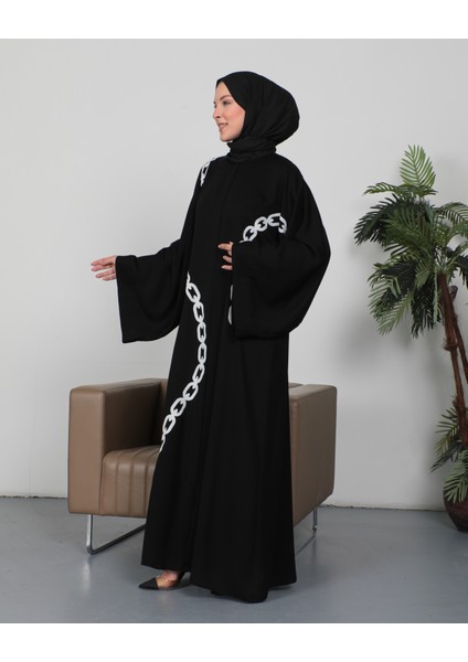 Zincir Nakışlı Dubai Ipeği Siyah Abaya - Kimono fırsatları