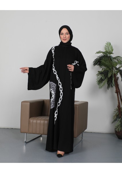 Zincir Nakışlı Dubai Ipeği Siyah Abaya - Kimono indirimleri