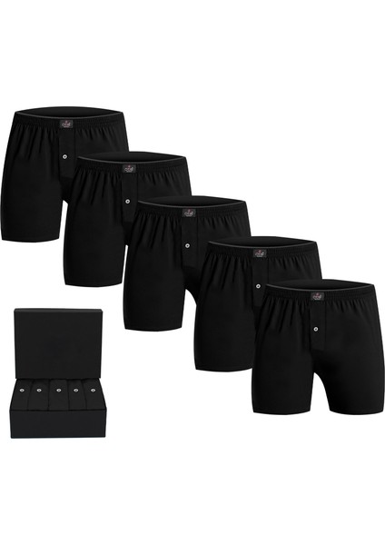 Erkek %100 Pamuklu Boxer 5'li Set Düğmeli, Rahat Kalıp, Yüksek Kaliteli, Premium Özel Siyah Kutusunda, İç Giyim, Çamaşır