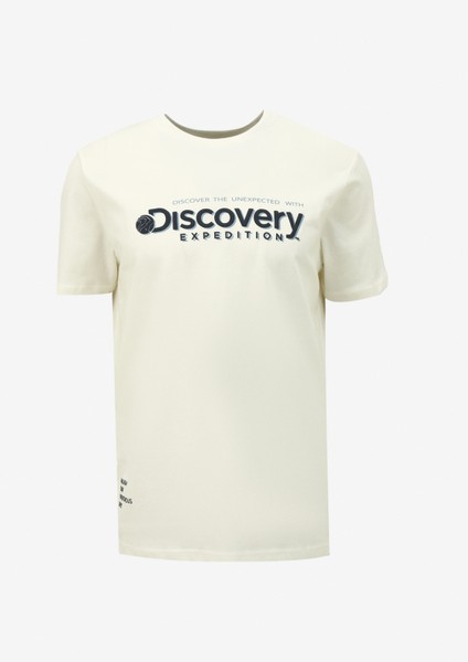 Discovery Expedition Kırık Beyaz Erkek Bisiklet Yaka Baskılı T-Shirt D4SM-TST3273