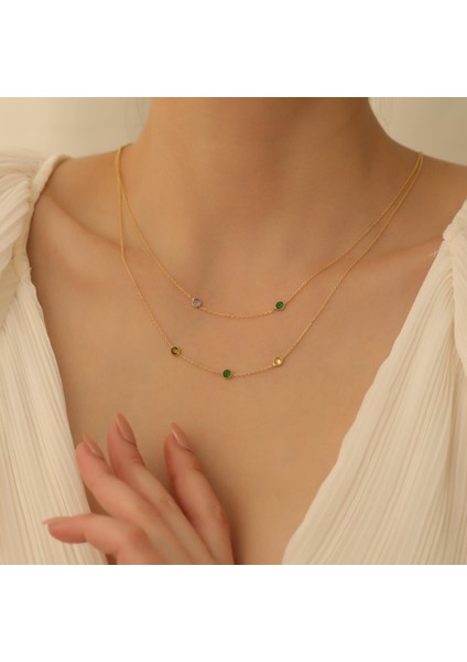 925 Ayar Gümüş Çift Zincir Tiffany Taşlı Kolye
