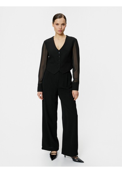 Blazer Yelek Şifon Kollu Düğmeli Fleto Cepli V Yaka