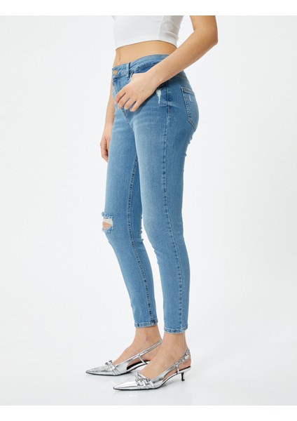 Dar Kesim Yüksek Bel Kot Pantolon Yıpratmalı Esnek Cepli Pamuklu - Carmen Skinny Jeans