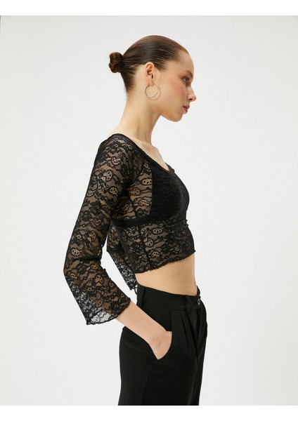 Kısa Dantel Tişört Derin Yuvarlak Yaka Uzun Kollu