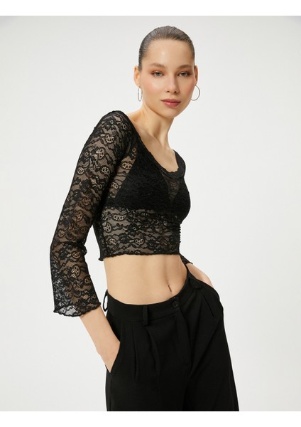 Kısa Dantel Tişört Derin Yuvarlak Yaka Uzun Kollu fiyatları