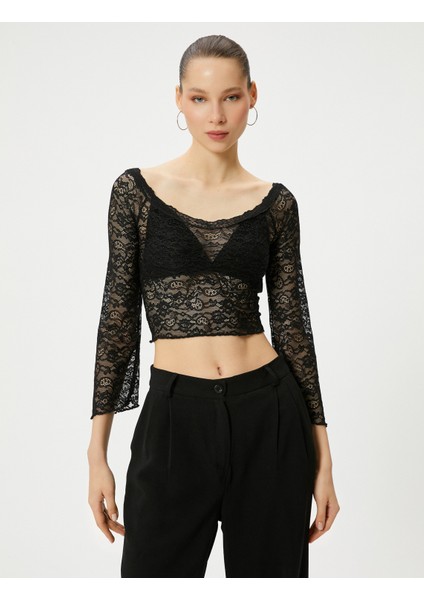 Kısa Dantel Tişört Derin Yuvarlak Yaka Uzun Kollu modelleri