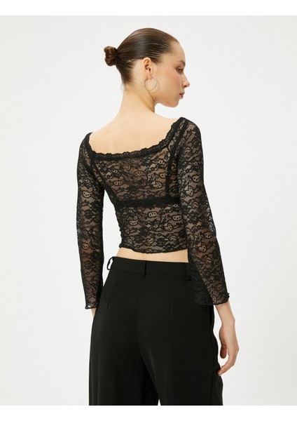 Kısa Dantel Tişört Derin Yuvarlak Yaka Uzun Kollu fırsatları