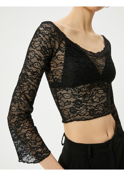 Kısa Dantel Tişört Derin Yuvarlak Yaka Uzun Kollu indirimleri