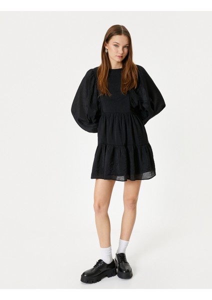 Balon Kol Mini Elbise Uzun Kollu Yuvarlak Yaka Astarlı Katlı