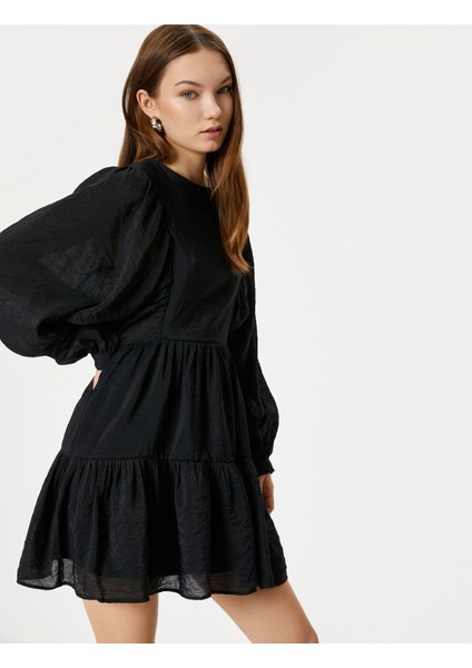 Balon Kol Mini Elbise Uzun Kollu Yuvarlak Yaka Astarlı Katlı fiyatları