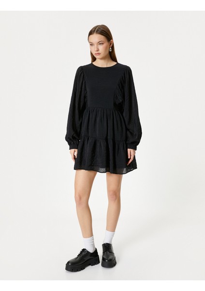 Balon Kol Mini Elbise Uzun Kollu Yuvarlak Yaka Astarlı Katlı modelleri