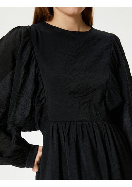 Balon Kol Mini Elbise Uzun Kollu Yuvarlak Yaka Astarlı Katlı indirimleri