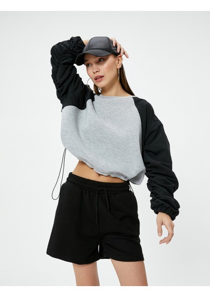 Crop Sweatshirt Renk Bloklu Beli Ayarlanabilir Lastikli Bisiklet Yaka