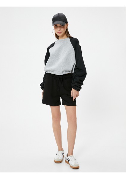 Crop Sweatshirt Renk Bloklu Beli Ayarlanabilir Lastikli Bisiklet Yaka