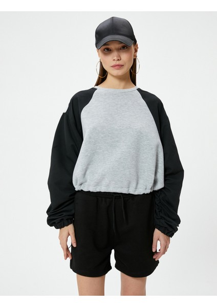 Crop Sweatshirt Renk Bloklu Beli Ayarlanabilir Lastikli Bisiklet Yaka