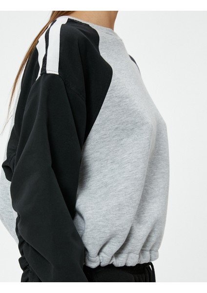 Crop Sweatshirt Renk Bloklu Beli Ayarlanabilir Lastikli Bisiklet Yaka