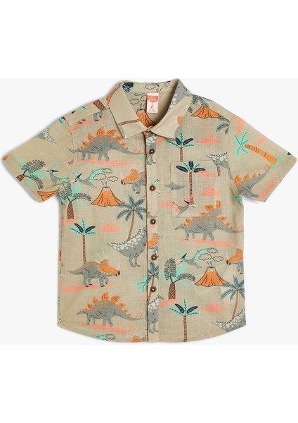 Gömlek Kısa Kollu Dinozor Desenli Cepli Pamuklu