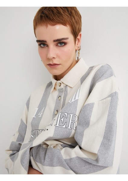 Polo Yaka Oversize Sweatshirt Baskılı Düğmeli Uzun Kollu