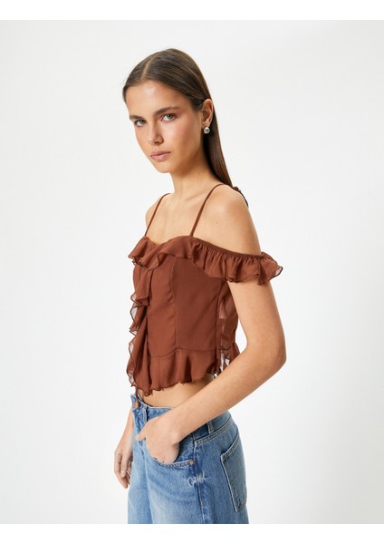 Omuzları Açık Fırfırlı Bluz Crop Ince Askılı
