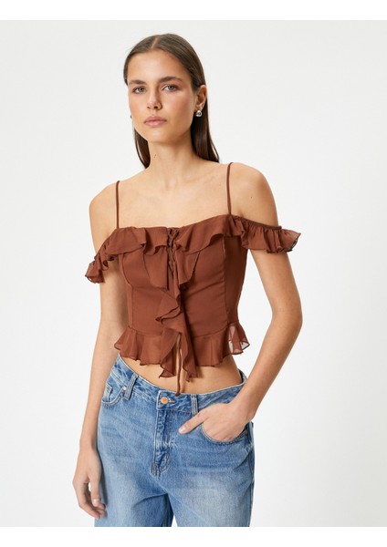 Omuzları Açık Fırfırlı Bluz Crop Ince Askılı modelleri