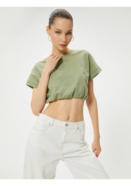 Crop Tişört Etek Ucu Lastikli Kısa Kollu Bisiklet Yaka Pamuklu