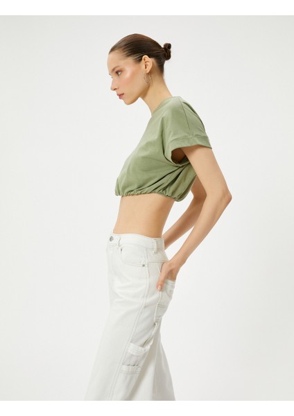 Crop Tişört Etek Ucu Lastikli Kısa Kollu Bisiklet Yaka Pamuklu fiyatları