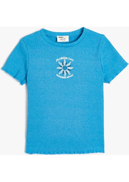 Tişört Baskı Detaylı Ribanalı Kısa Kollu Bisiklet Yaka