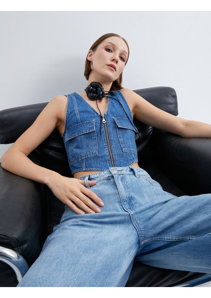 Kot Yelek Fermuarlı V Yaka Kapaklı Cep Detaylı
