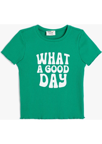 Crop Tişört Kısa Kollu Baskılı Bisiklet Yaka Dokulu