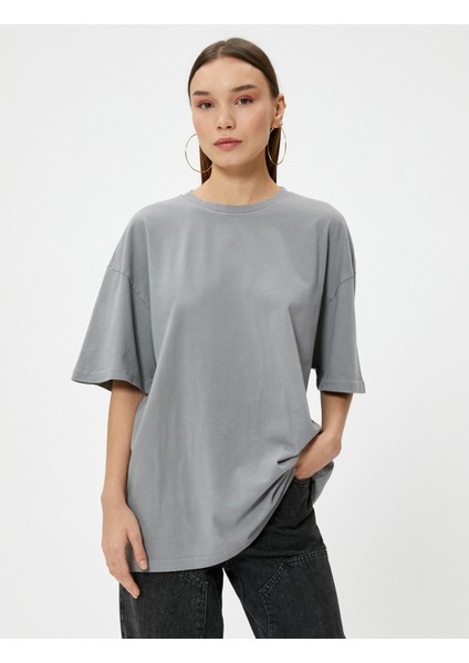 Oversize Tişört Soluk Efektli Kısa Kollu Bisiklet Yaka Pamuklu