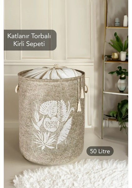 Keçe Torbalı Yuvarlak Sepet - Çok Amaçlı Kirli Çamaşır Sepeti Organizer Hurç 50 x 35 cm