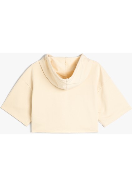 Kapüşonlu Crop Sweatshirt Spor Kısa Kollu Baskı Detaylı Pamuklu fiyatları
