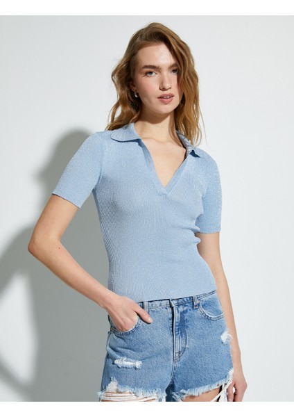 Polo Yaka Triko Kazak Kısa Kollu Simli modelleri