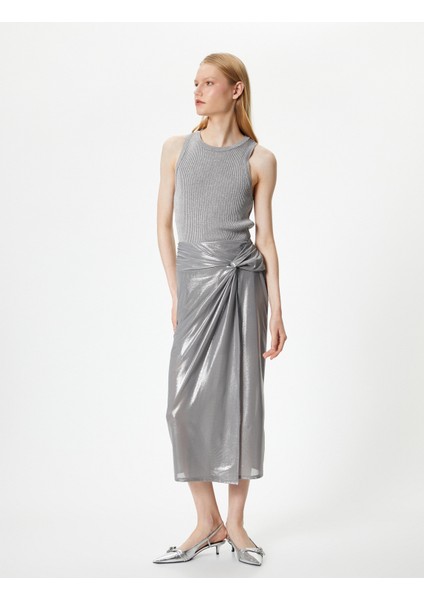 Metalik Midi Etek Düğüm Detaylı Normal Bel