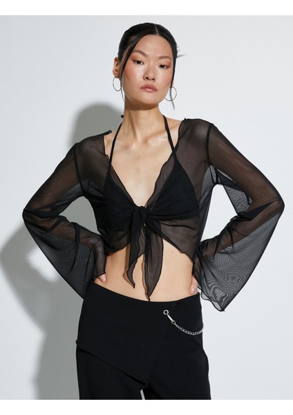 Tül Crop Bluz Önden Bağlamalı Uzun Geniş Kollu modelleri